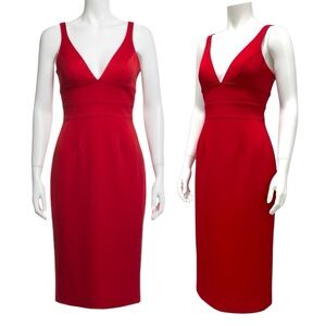 Bianca Nero Red V-Neck Bodycon Midi Cocktail Dress Size XS